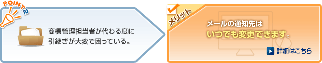 商標管理担当者が代わる度に引継ぎが大変で困っている。→メリット　メールの通知先は、いつでも変更することができます。
